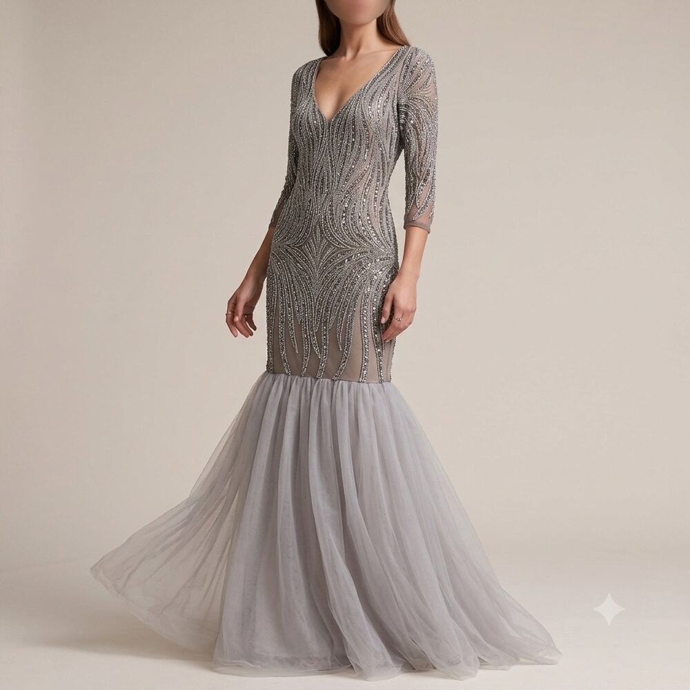 SCALA Beaded Sequin Mermaid Gown Dress Silver Gray‎ Tulle Prom Evening Formal 6